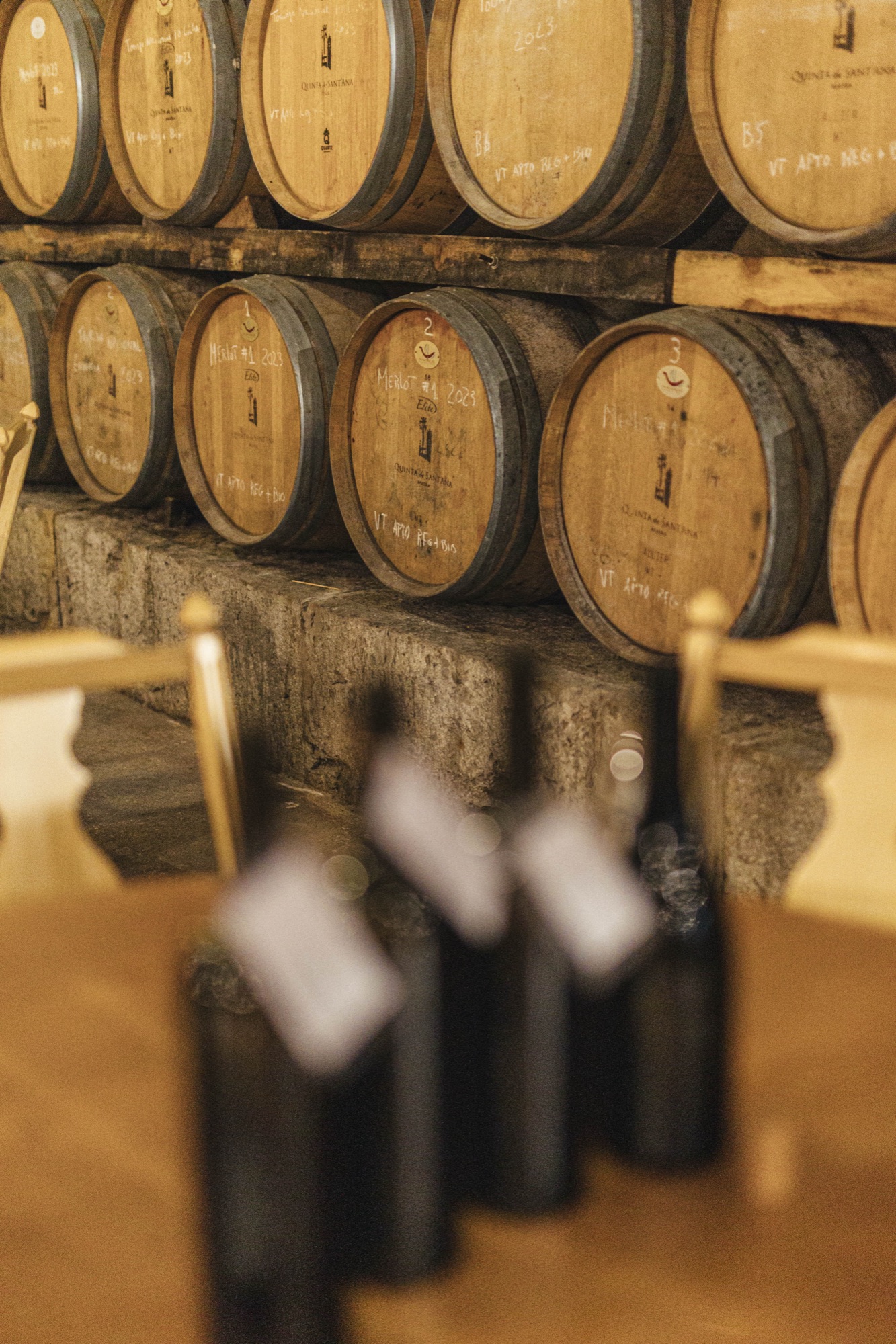 Wine bottles in front of historic barrels